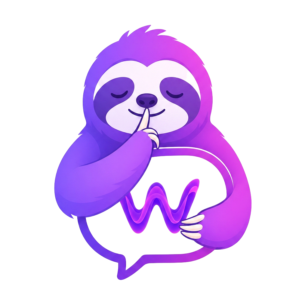 Sloe the WhisperAI sloth hugging a soundwave speech bubble