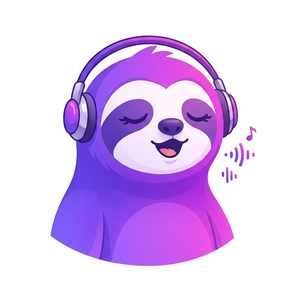 Sloe the WhisperAI sloth wearing headphones
