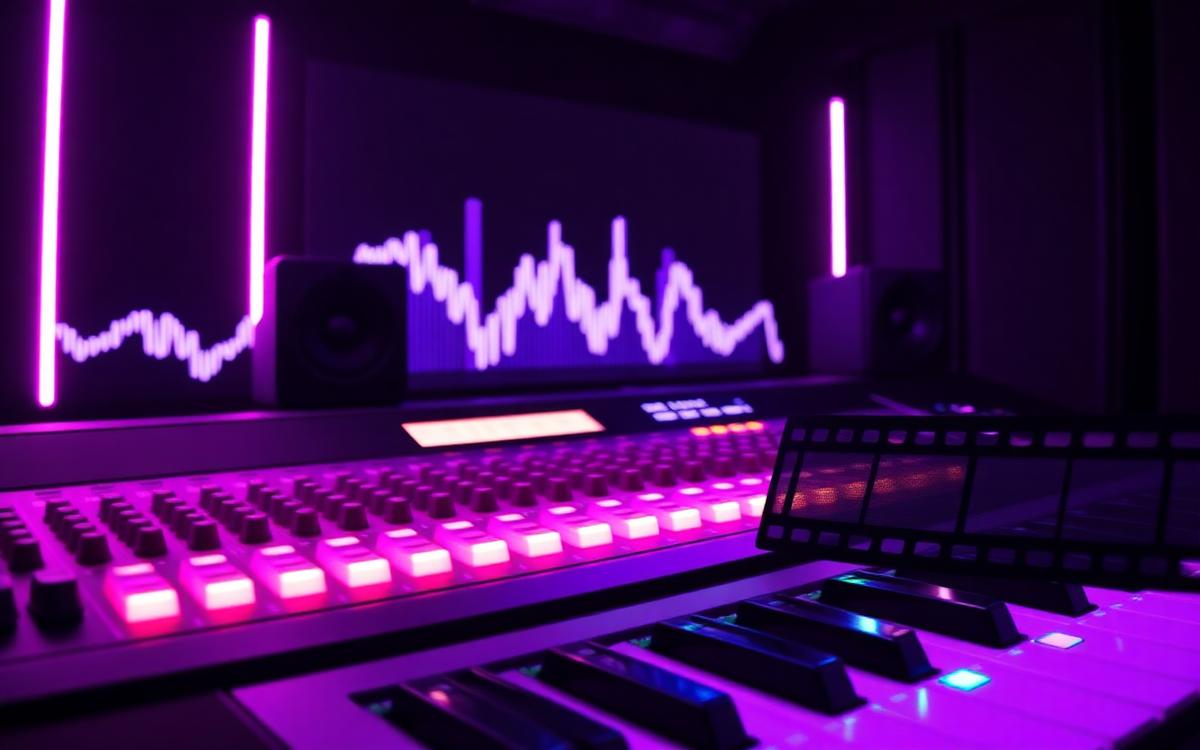 Neon violet music studio with waveform, mixing faders and piano keys