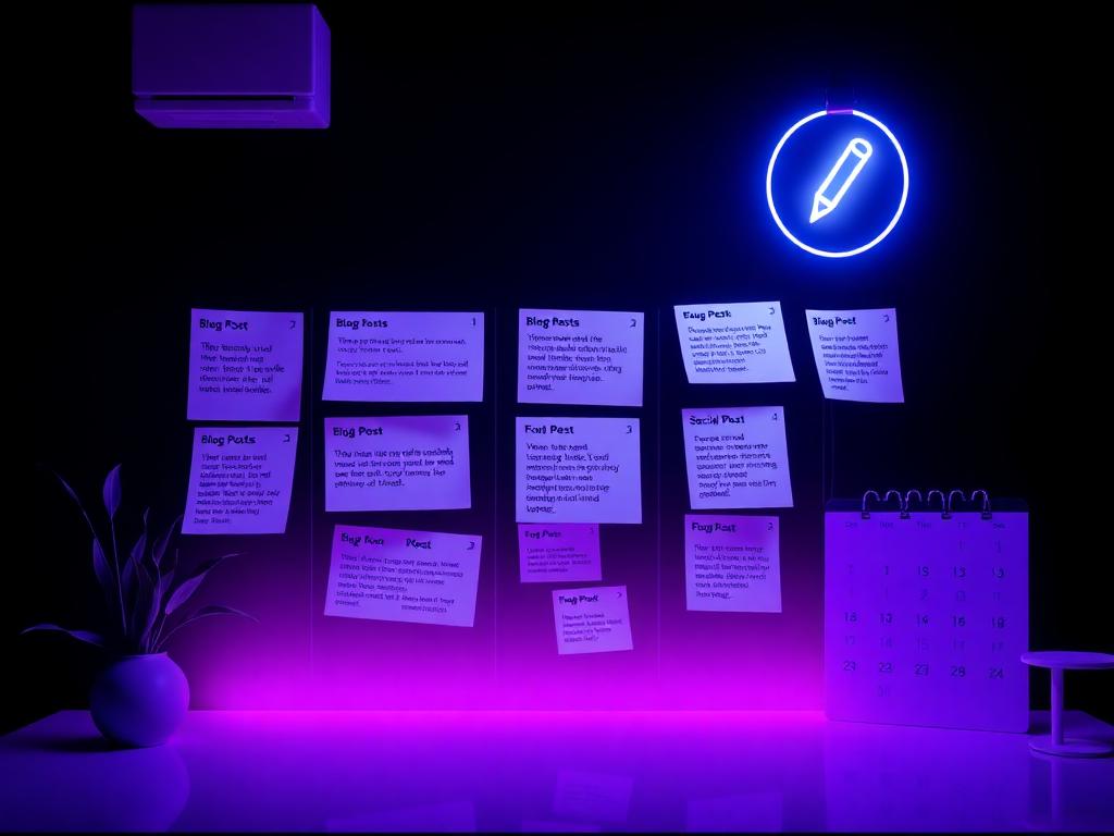 Neon violet content planning board with post cards and a calendar