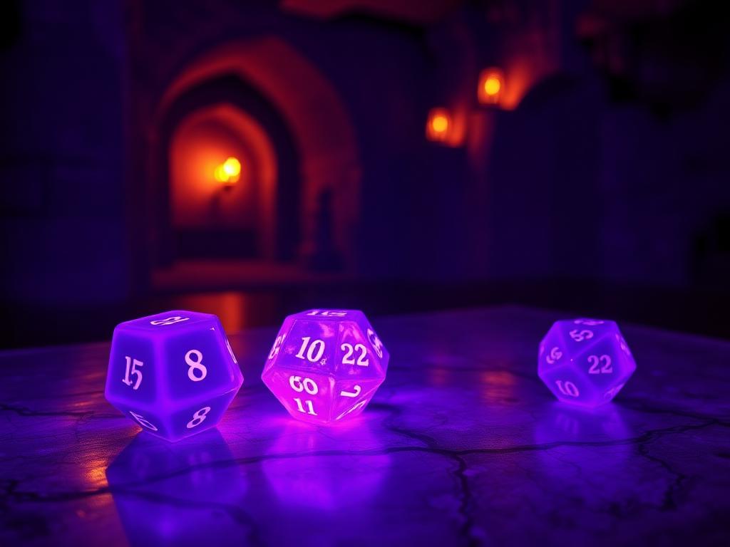 Neon violet glowing polyhedral dice on a stone table in a torch-lit dungeon
