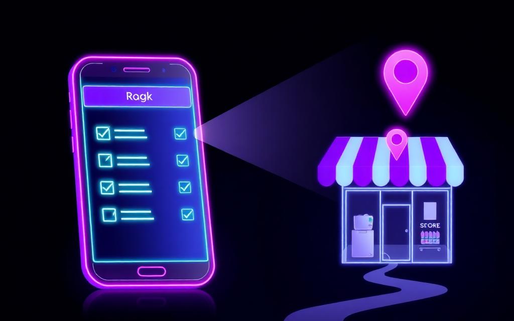 Neon violet phone showing a shopping checklist with a barcode scan beam and a storefront map pin