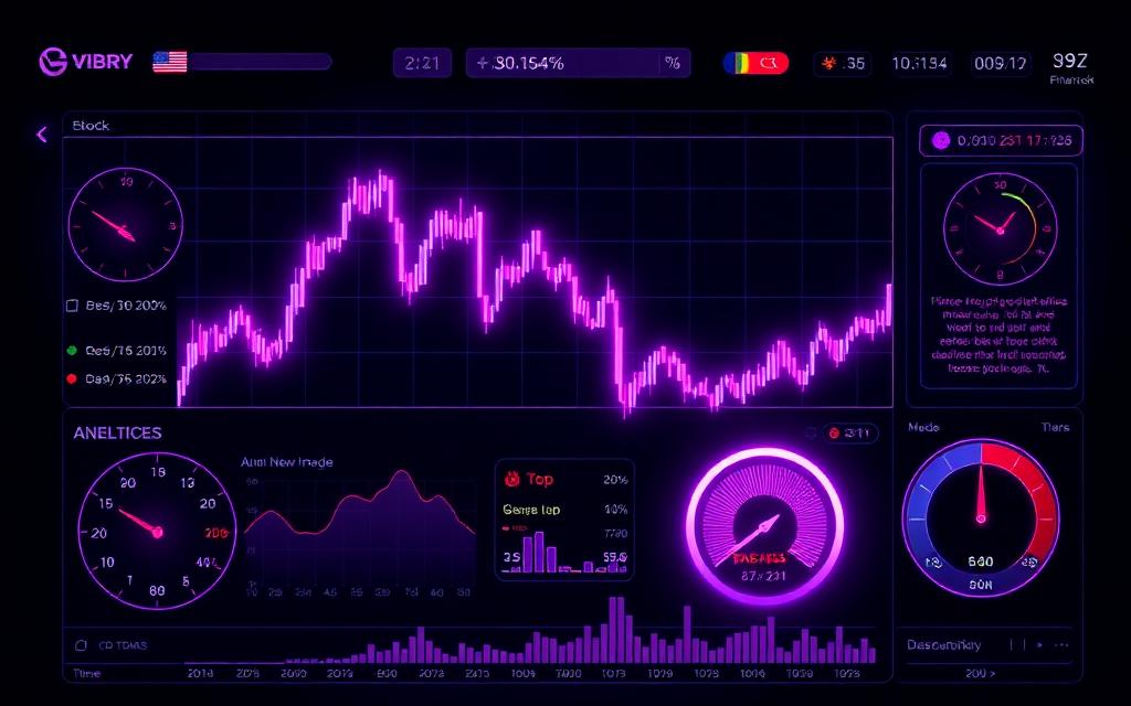 Neon violet market dashboard with candlestick chart, exchange clocks and sentiment gauge