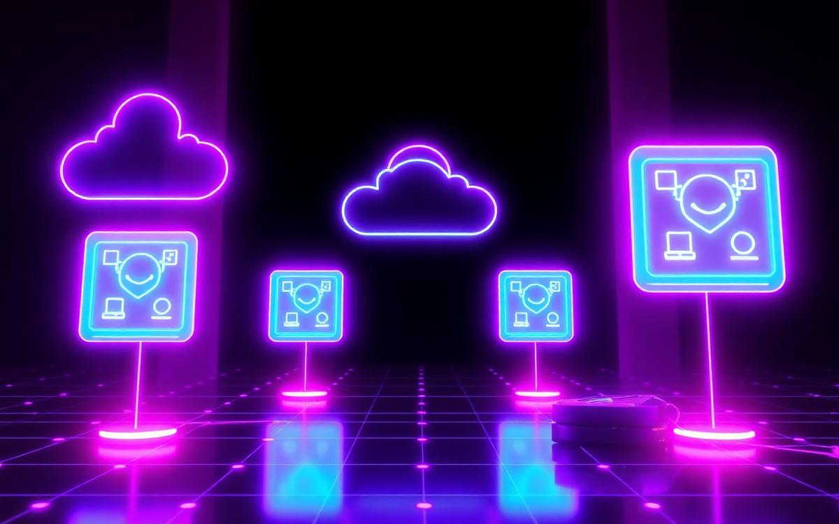 Neon violet cloud AI model marketplace with API endpoints and credit blocks