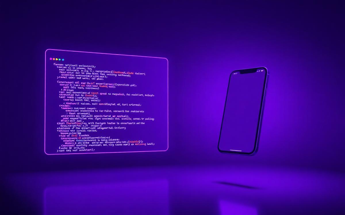 Neon code editor window and phone mockup representing the Webvibe app builder
